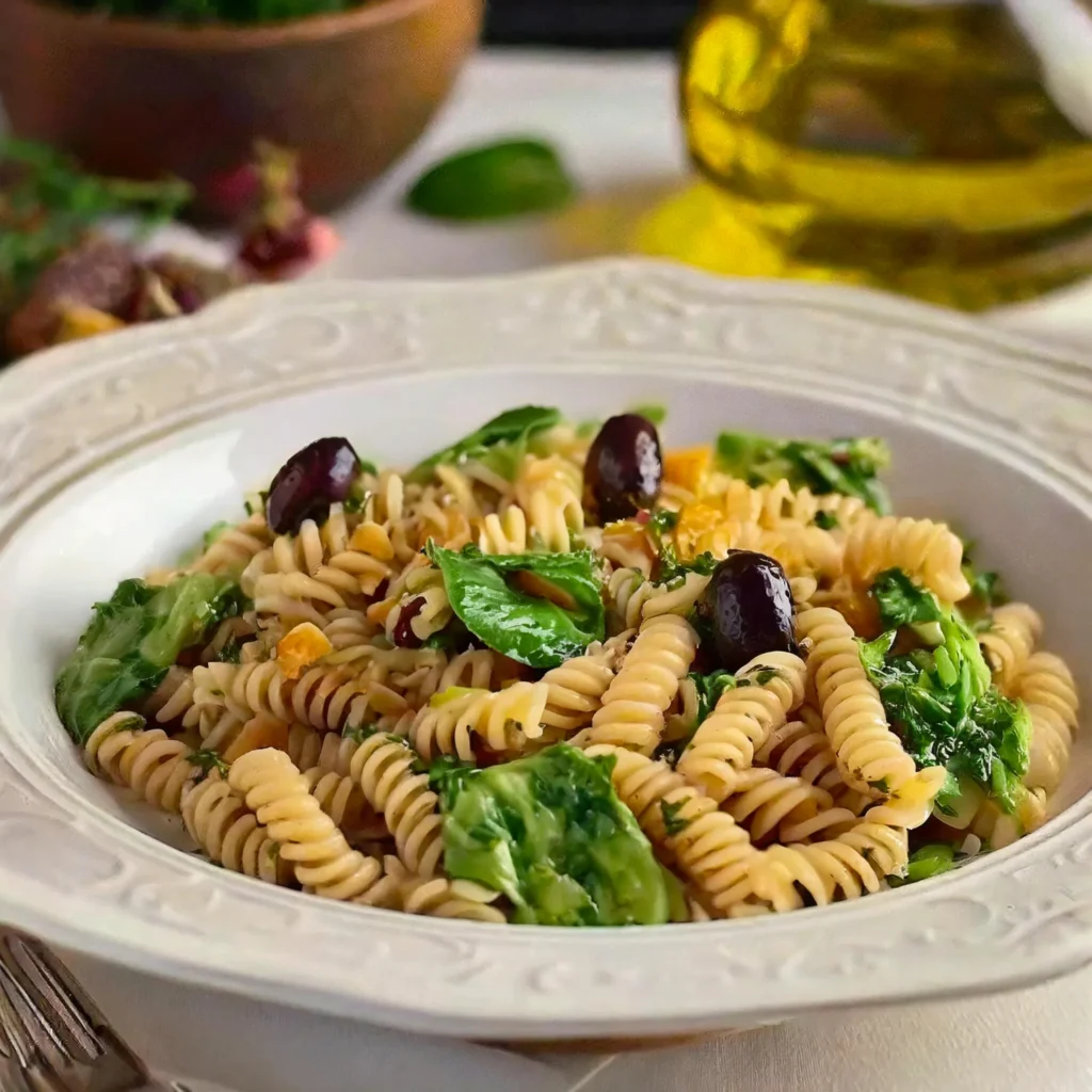 Pasta con scarola, olive taggiasche e curcuma