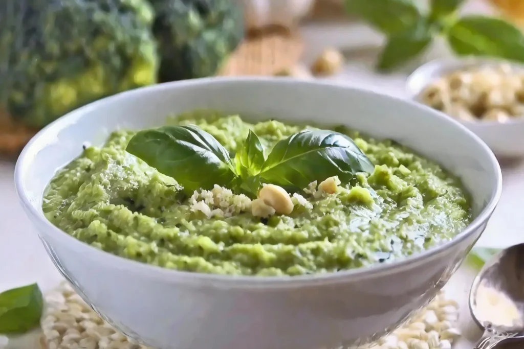 scodella con pesto decorato con foglie di basilico