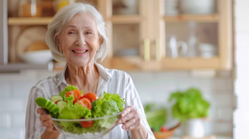 donna anziana che sorregge una ciotola di insalata e pomodori