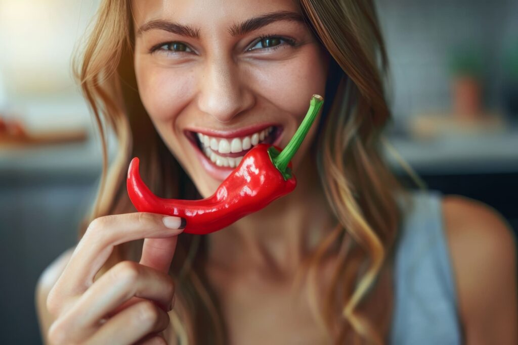 Ragazza che ha in mano un peperoncino.